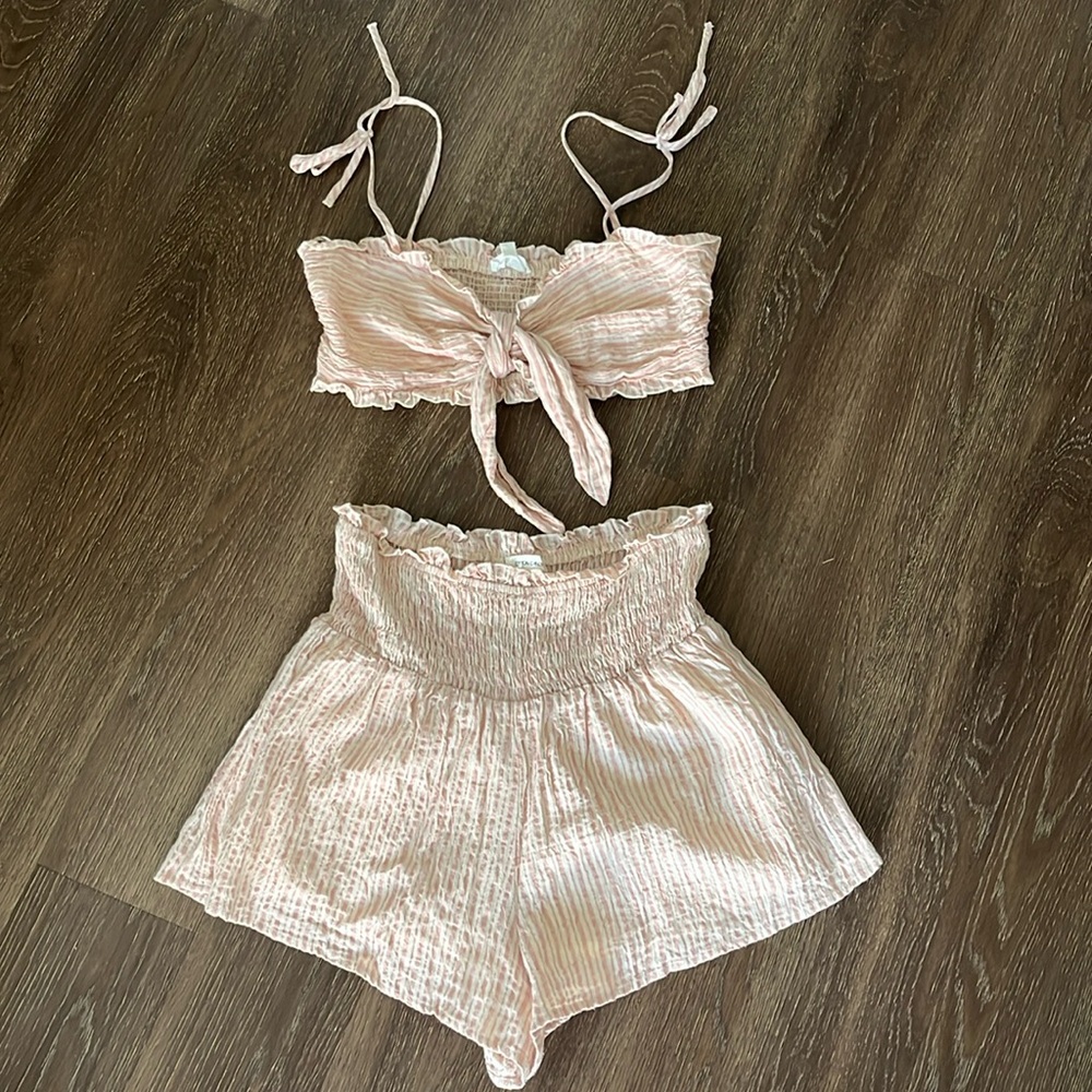 Cotton Candy LA 2 pc short set,pink/cream pin stripe, ruched, front tie bralette
